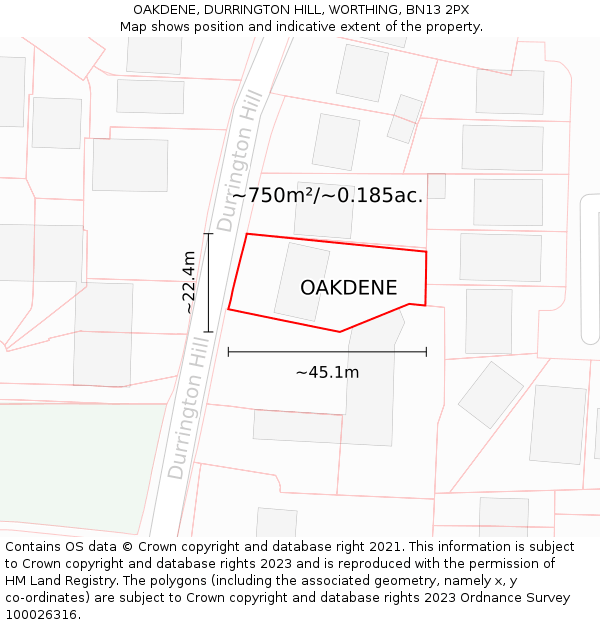 OAKDENE, DURRINGTON HILL, WORTHING, BN13 2PX: Plot and title map