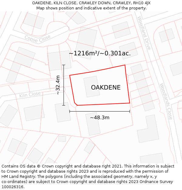 OAKDENE, KILN CLOSE, CRAWLEY DOWN, CRAWLEY, RH10 4JX: Plot and title map