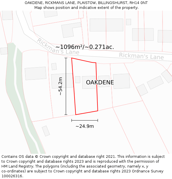 OAKDENE, RICKMANS LANE, PLAISTOW, BILLINGSHURST, RH14 0NT: Plot and title map