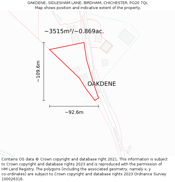 OAKDENE, SIDLESHAM LANE, BIRDHAM, CHICHESTER, PO20 7QL: Plot and title map