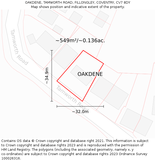 OAKDENE, TAMWORTH ROAD, FILLONGLEY, COVENTRY, CV7 8DY: Plot and title map