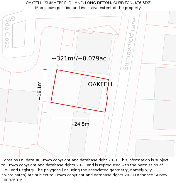 OAKFELL, SUMMERFIELD LANE, LONG DITTON, SURBITON, KT6 5DZ: Plot and title map