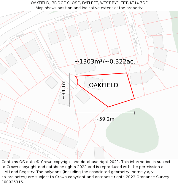 OAKFIELD, BRIDGE CLOSE, BYFLEET, WEST BYFLEET, KT14 7DE: Plot and title map