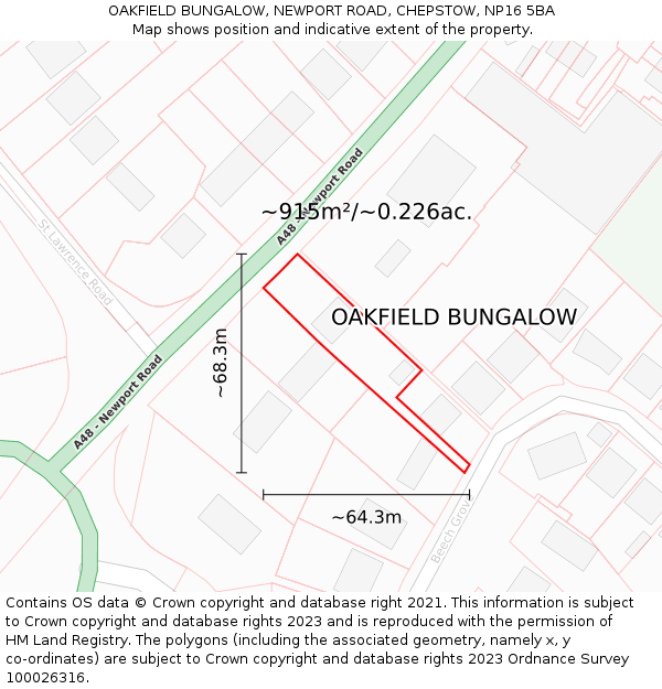OAKFIELD BUNGALOW, NEWPORT ROAD, CHEPSTOW, NP16 5BA: Plot and title map