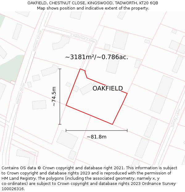 OAKFIELD, CHESTNUT CLOSE, KINGSWOOD, TADWORTH, KT20 6QB: Plot and title map