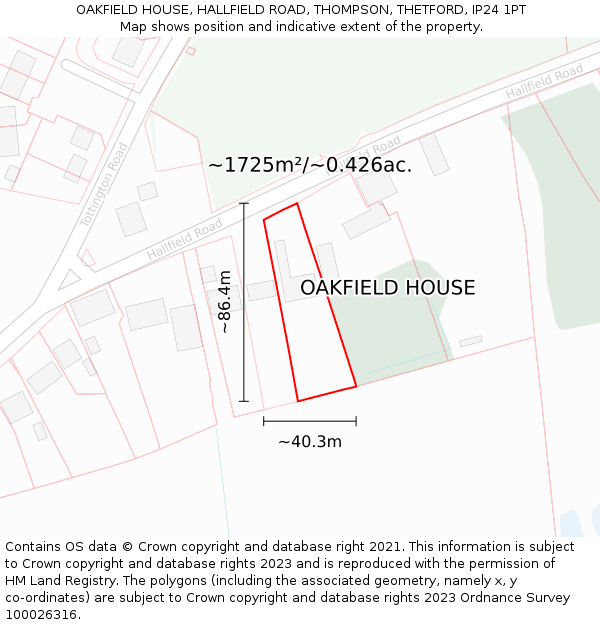 OAKFIELD HOUSE, HALLFIELD ROAD, THOMPSON, THETFORD, IP24 1PT: Plot and title map