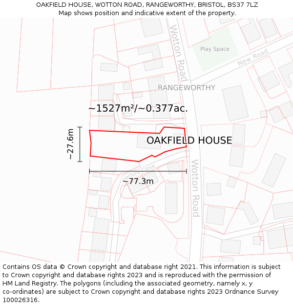 OAKFIELD HOUSE, WOTTON ROAD, RANGEWORTHY, BRISTOL, BS37 7LZ: Plot and title map