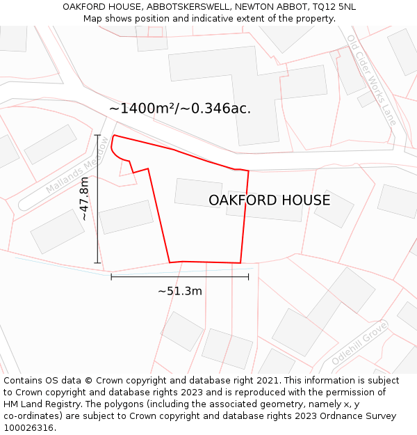 OAKFORD HOUSE, ABBOTSKERSWELL, NEWTON ABBOT, TQ12 5NL: Plot and title map