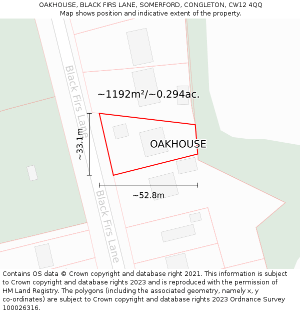 OAKHOUSE, BLACK FIRS LANE, SOMERFORD, CONGLETON, CW12 4QQ: Plot and title map