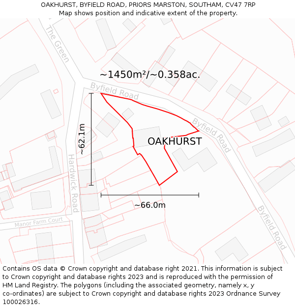 OAKHURST, BYFIELD ROAD, PRIORS MARSTON, SOUTHAM, CV47 7RP: Plot and title map