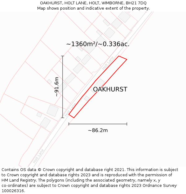 OAKHURST, HOLT LANE, HOLT, WIMBORNE, BH21 7DQ: Plot and title map