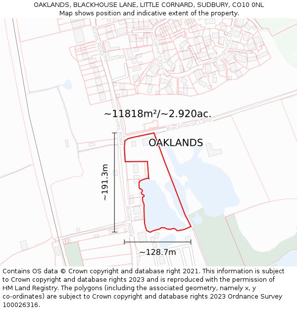 OAKLANDS, BLACKHOUSE LANE, LITTLE CORNARD, SUDBURY, CO10 0NL: Plot and title map