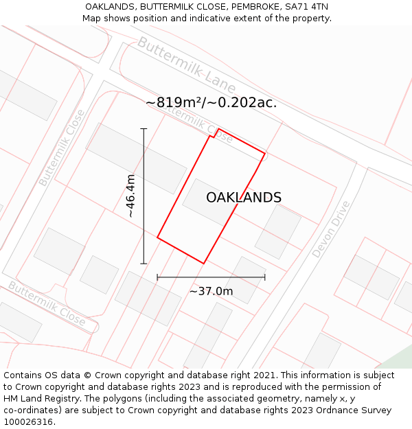 OAKLANDS, BUTTERMILK CLOSE, PEMBROKE, SA71 4TN: Plot and title map