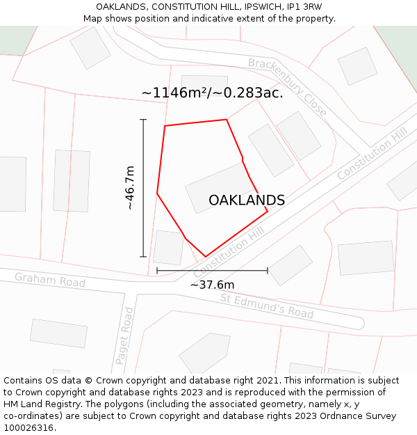 OAKLANDS, CONSTITUTION HILL, IPSWICH, IP1 3RW: Plot and title map