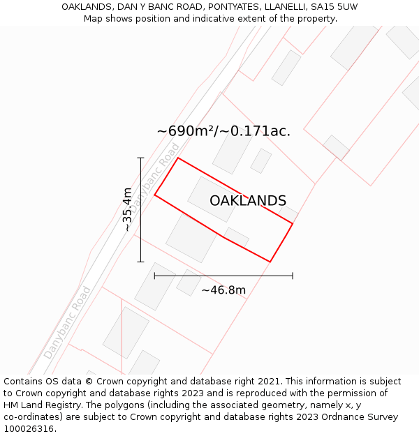 OAKLANDS, DAN Y BANC ROAD, PONTYATES, LLANELLI, SA15 5UW: Plot and title map