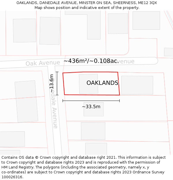 OAKLANDS, DANEDALE AVENUE, MINSTER ON SEA, SHEERNESS, ME12 3QX: Plot and title map