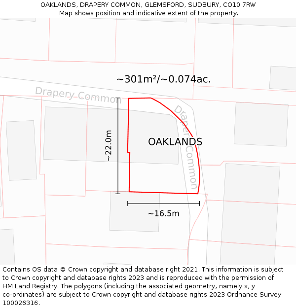 OAKLANDS, DRAPERY COMMON, GLEMSFORD, SUDBURY, CO10 7RW: Plot and title map