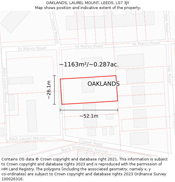 OAKLANDS, LAUREL MOUNT, LEEDS, LS7 3JY: Plot and title map