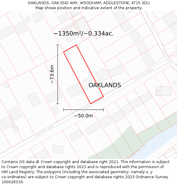 OAKLANDS, OAK END WAY, WOODHAM, ADDLESTONE, KT15 3DU: Plot and title map