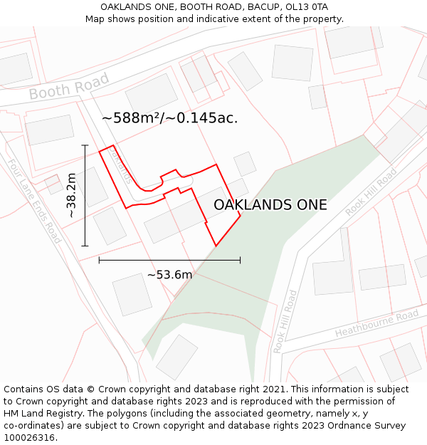 OAKLANDS ONE, BOOTH ROAD, BACUP, OL13 0TA: Plot and title map