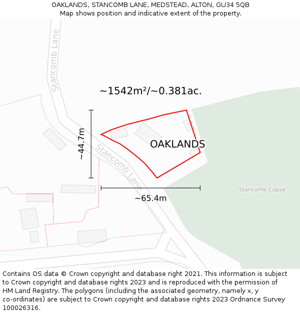 OAKLANDS, STANCOMB LANE, MEDSTEAD, ALTON, GU34 5QB: Plot and title map