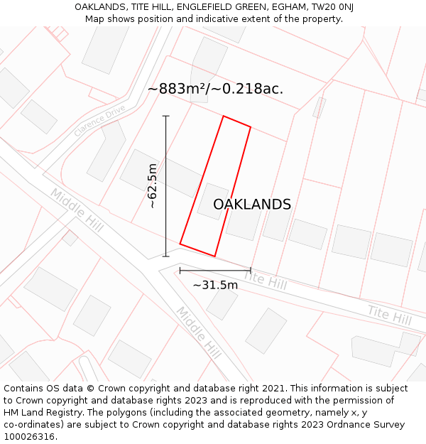 OAKLANDS, TITE HILL, ENGLEFIELD GREEN, EGHAM, TW20 0NJ: Plot and title map