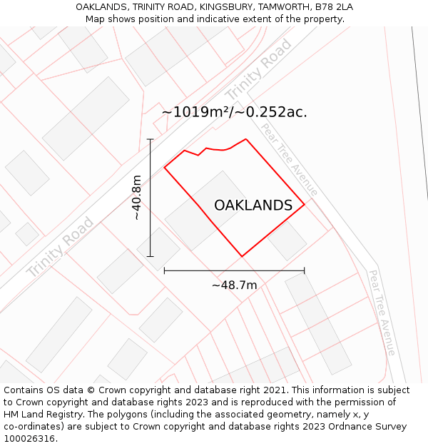 OAKLANDS, TRINITY ROAD, KINGSBURY, TAMWORTH, B78 2LA: Plot and title map