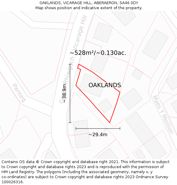 OAKLANDS, VICARAGE HILL, ABERAERON, SA46 0DY: Plot and title map