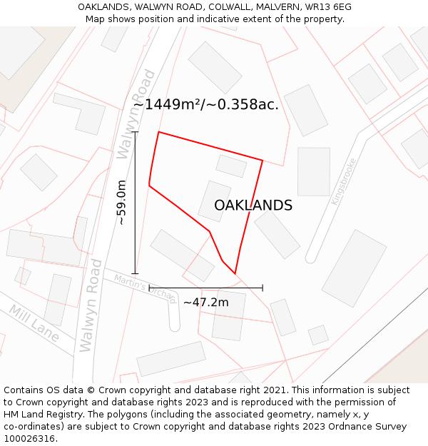 OAKLANDS, WALWYN ROAD, COLWALL, MALVERN, WR13 6EG: Plot and title map