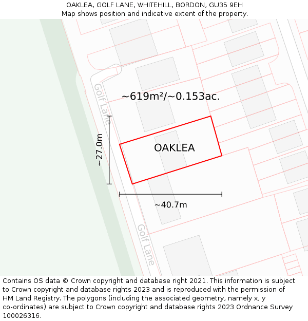 OAKLEA, GOLF LANE, WHITEHILL, BORDON, GU35 9EH: Plot and title map