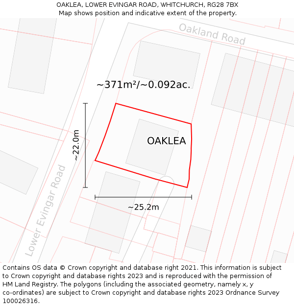 OAKLEA, LOWER EVINGAR ROAD, WHITCHURCH, RG28 7BX: Plot and title map