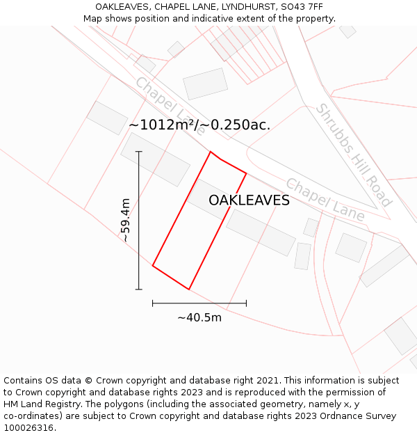 OAKLEAVES, CHAPEL LANE, LYNDHURST, SO43 7FF: Plot and title map