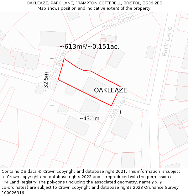 OAKLEAZE, PARK LANE, FRAMPTON COTTERELL, BRISTOL, BS36 2ES: Plot and title map