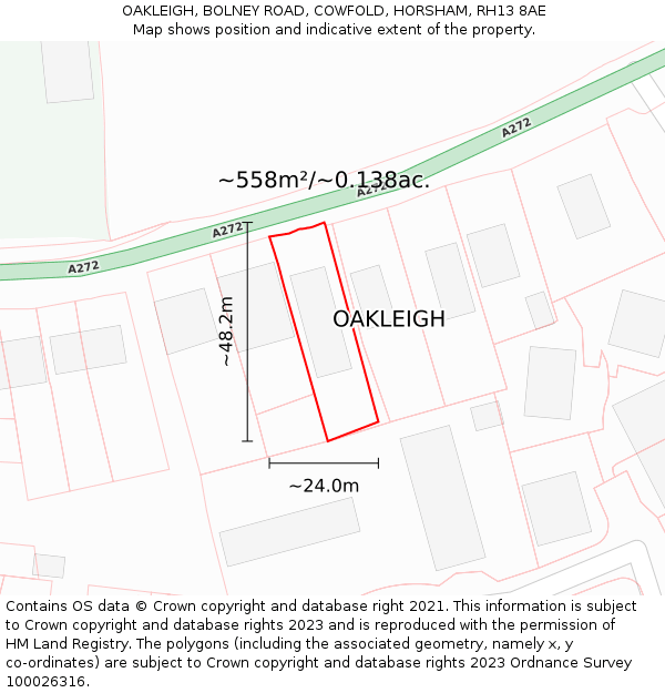 OAKLEIGH, BOLNEY ROAD, COWFOLD, HORSHAM, RH13 8AE: Plot and title map