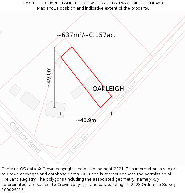 OAKLEIGH, CHAPEL LANE, BLEDLOW RIDGE, HIGH WYCOMBE, HP14 4AR: Plot and title map