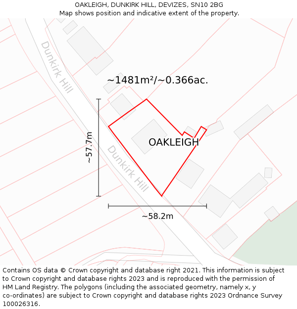 OAKLEIGH, DUNKIRK HILL, DEVIZES, SN10 2BG: Plot and title map