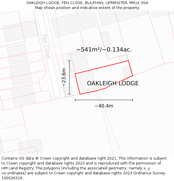 OAKLEIGH LODGE, FEN CLOSE, BULPHAN, UPMINSTER, RM14 3SA: Plot and title map