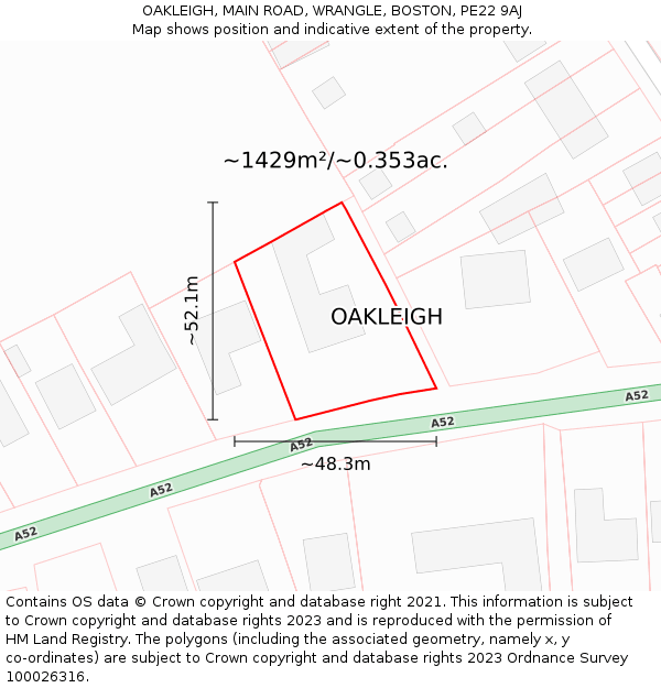 OAKLEIGH, MAIN ROAD, WRANGLE, BOSTON, PE22 9AJ: Plot and title map