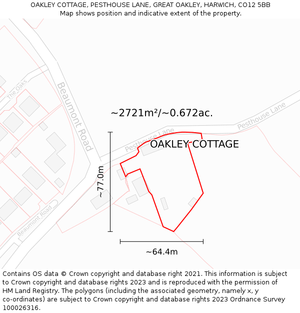 OAKLEY COTTAGE, PESTHOUSE LANE, GREAT OAKLEY, HARWICH, CO12 5BB: Plot and title map