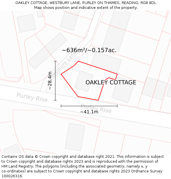 OAKLEY COTTAGE, WESTBURY LANE, PURLEY ON THAMES, READING, RG8 8DL: Plot and title map