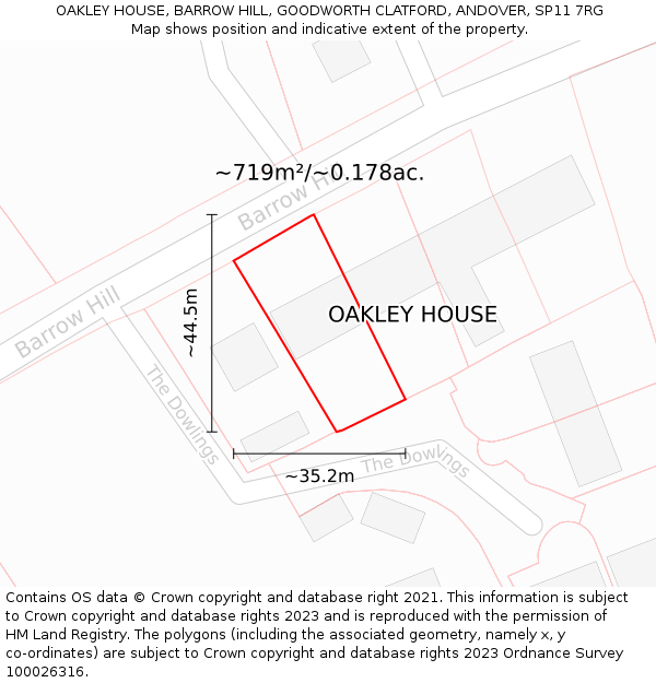 OAKLEY HOUSE, BARROW HILL, GOODWORTH CLATFORD, ANDOVER, SP11 7RG: Plot and title map