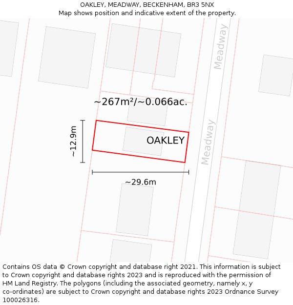 OAKLEY, MEADWAY, BECKENHAM, BR3 5NX: Plot and title map