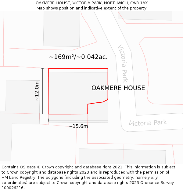 OAKMERE HOUSE, VICTORIA PARK, NORTHWICH, CW8 1AX: Plot and title map