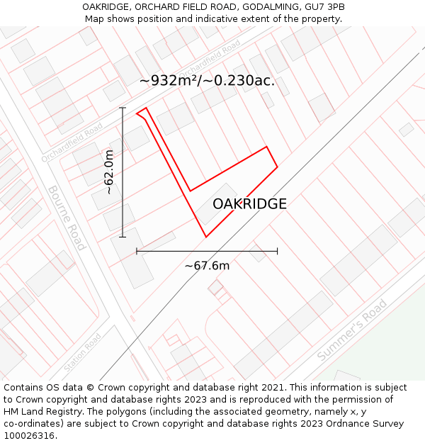 OAKRIDGE, ORCHARD FIELD ROAD, GODALMING, GU7 3PB: Plot and title map