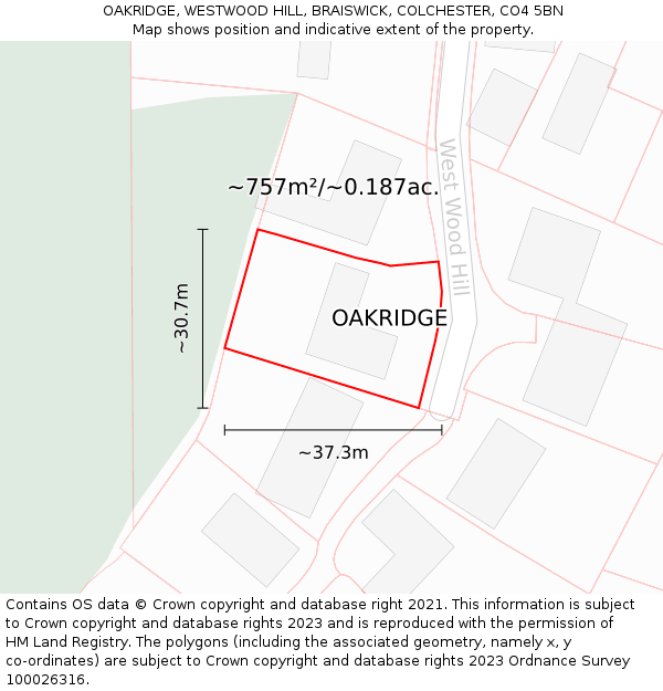 OAKRIDGE, WESTWOOD HILL, BRAISWICK, COLCHESTER, CO4 5BN: Plot and title map