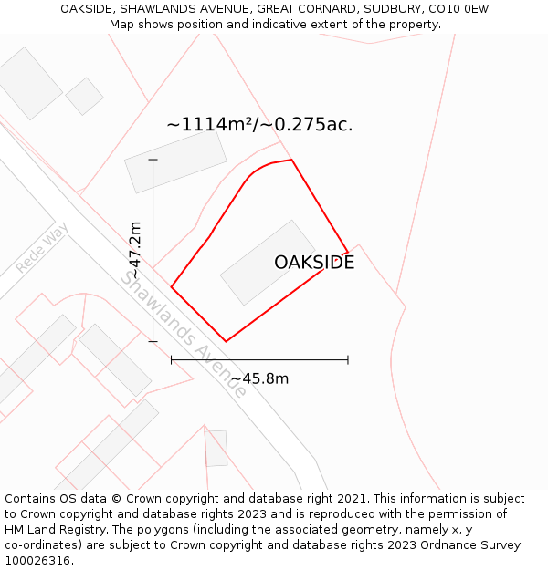 OAKSIDE, SHAWLANDS AVENUE, GREAT CORNARD, SUDBURY, CO10 0EW: Plot and title map