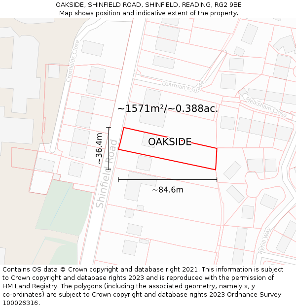 OAKSIDE, SHINFIELD ROAD, SHINFIELD, READING, RG2 9BE: Plot and title map