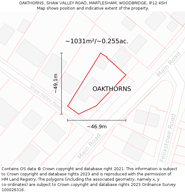 OAKTHORNS, SHAW VALLEY ROAD, MARTLESHAM, WOODBRIDGE, IP12 4SH: Plot and title map