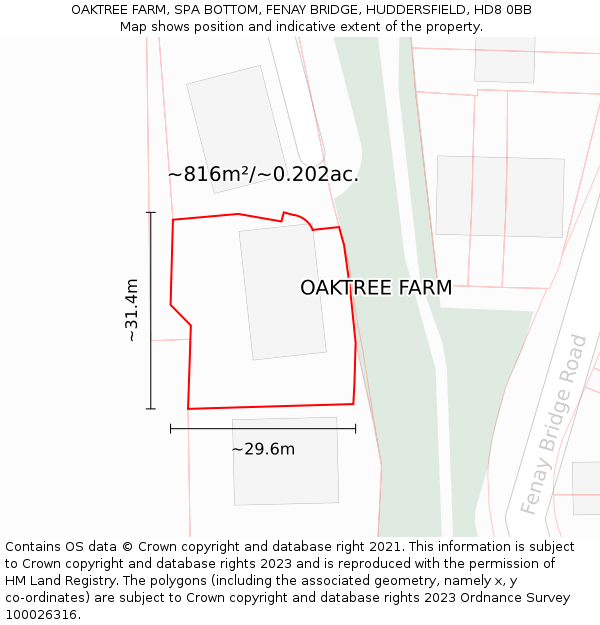 OAKTREE FARM, SPA BOTTOM, FENAY BRIDGE, HUDDERSFIELD, HD8 0BB: Plot and title map