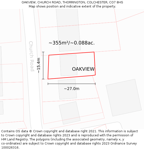 OAKVIEW, CHURCH ROAD, THORRINGTON, COLCHESTER, CO7 8HS: Plot and title map